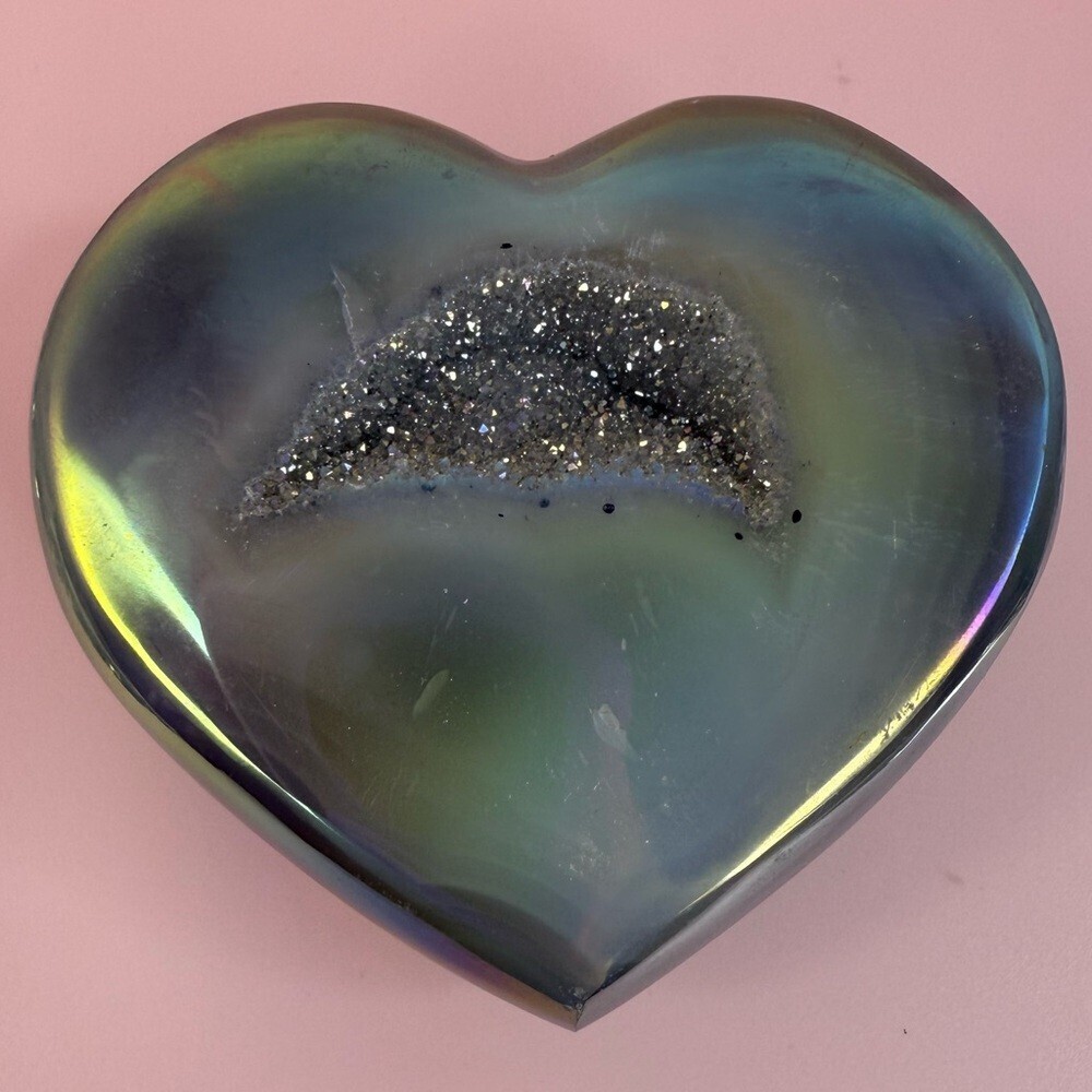 Crystal heart shaped geode sparkly Iridescent Heart Geode healing crystal stand